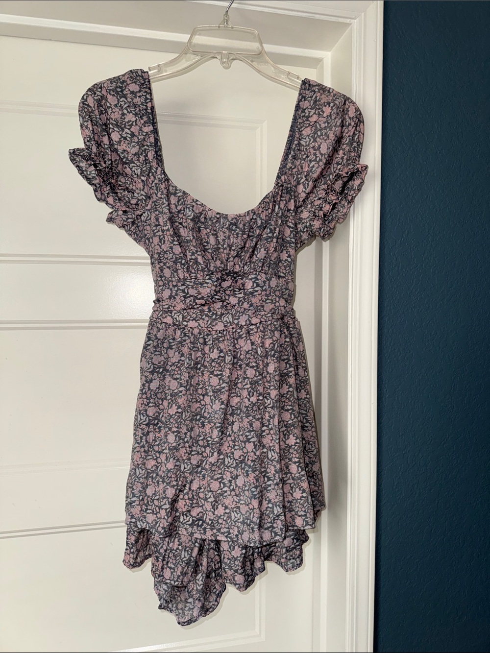 Altar'd State Pink and Gray Floral Scoop-Neck Romper with Ruffled Hem